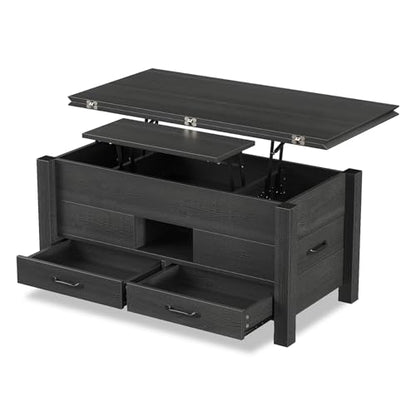 39.4" Lift Top Coffee Table 180° Flip Convertible Center with 4 Drawers Hidden Storage Silent Gas Multi-Function Rising Workstation for Living Room Apartment Home Office Black