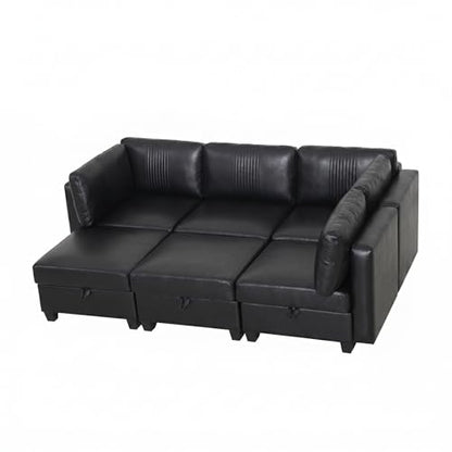 ERYE 99-Inch Oversized U Shaped Sectional Sofa 6 Seat Modular Storage Sofa Couch W/Deep Seat,Pet Friendly Faux Leather Upholstered Convertible Sleeper Sectional Couch with Ottomans - color: Black 99"