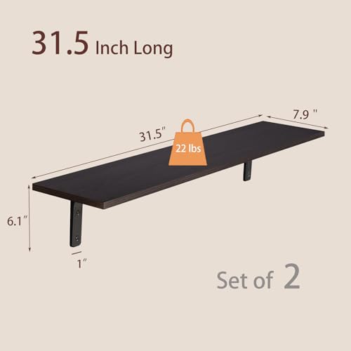 Long Wall Shelves, 31.5Inch Wooden Wall Mounted Shelves, Set of 2 | Floating Book Shelves, Metal Brackets, Easy Assembly, Max Load 22lbs, Wall Storage Ledges, Bedroom/Bathroom/Kitchen, Espresso - color: Espresso, size: 31.5 Inch