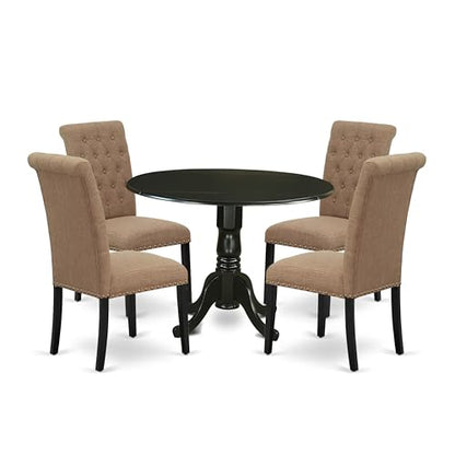 East West Furniture DLBR5-BLK-17 5 Piece Kitchen Table & Chairs Set Includes a Round Dining Room Table with Dropleaf and 4 Light Sable Linen Fabric Parsons Chairs, 42x42 Inch, Black - color: Dlbr5-blk-17