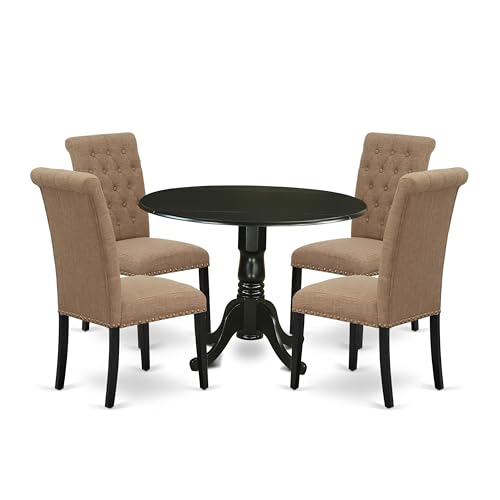 East West Furniture DLBR5-BLK-17 5 Piece Kitchen Table & Chairs Set Includes a Round Dining Room Table with Dropleaf and 4 Light Sable Linen Fabric Parsons Chairs, 42x42 Inch, Black - color: Dlbr5-blk-17