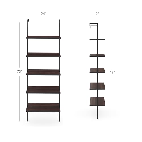 Nathan James Theo 5-Shelf Wood Modern Bookcase, Open Wall Mount Ladder Bookshelf with Industrial Metal Frame, Brown Walnut/Black - color: Theo Brown Walnut/Black, size: Set of 1