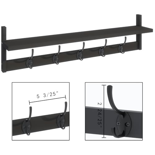 BAMEOS Wall-Mounted Shelf with Hooks - 28.9 Inch Entryway Hanging Shelf with 5 Dual Hooks for Bathroom, Living Room, Bedroom (Black) - style: Black-28.9IN with shelf