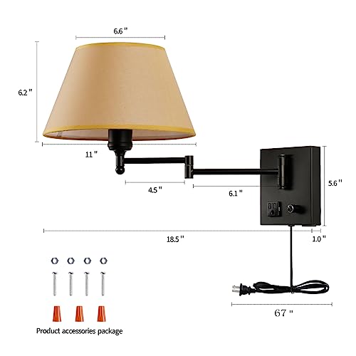 Swing Arm Wall Sconces, Plug-in Wall lamp,Bedroom Wall lamp ， White Fabric Shade with dimmable Switch and USB Charging Port,Suitable for Bedside,Living Room,Reading (Black. Gold Shadow) - color: Black. Gold Shadow