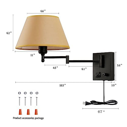 Swing Arm Wall Sconces, Plug-in Wall lamp,Bedroom Wall lamp ， White Fabric Shade with dimmable Switch and USB Charging Port,Suitable for Bedside,Living Room,Reading (Black. Gold Shadow) - color: Black. Gold Shadow