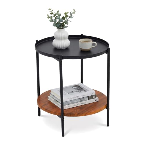 Round End Table with 2 Tier Storage, Modern Side Table with Wood Grain Lower Shelf and Durable Metal Frame, Small Accent Table for Sofa, Bedroom, Living Room, Apartment and Office