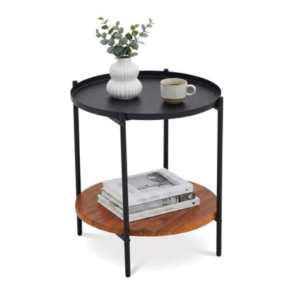 Round End Table with 2 Tier Storage, Modern Side Table with Wood Grain Lower Shelf and Durable Metal Frame, Small Accent Table for Sofa, Bedroom, Living Room, Apartment and Office