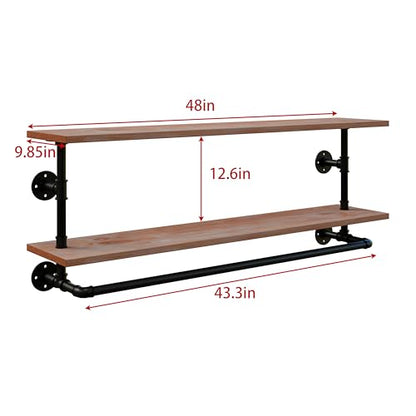 Clothes Rack 36/42/48in, Wall Mounted Garment Rack with Real Wood Shelf, Heavy Duty Hanging Clothes Rack, Multi-Purpose Hanging Rod, Space-Saving Closet Storage (1T36IN) (2T48IN) - color: Brown, size: 2T48IN