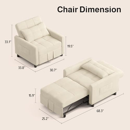 Convertible Sofa Bed, 3 in 1 Sleeper Chair for Small Space, Beige | Multi-Functional Sleeper Chair Bed, Adjustable Backrest Recliner with Modern Linen Fabric for Living Room/Bedroom/Apartment - color: Beige