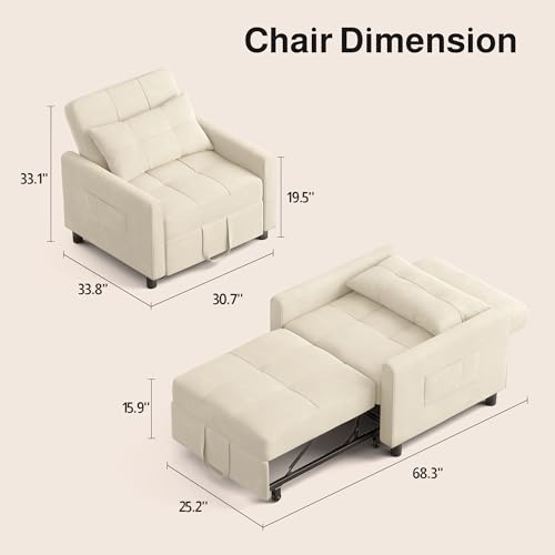 Convertible Sofa Bed, 3 in 1 Sleeper Chair for Small Space, Beige | Multi-Functional Sleeper Chair Bed, Adjustable Backrest Recliner with Modern Linen Fabric for Living Room/Bedroom/Apartment - color: Beige