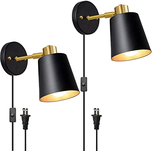 Plug in Wall Sconces, Rotatable Angle Black Wall Lamp with Plug in Cord Metal Vintage Industrial Wall Mounted Light Reading Light for Bedroom Bedside Doorway(2 Pack) - color: Black