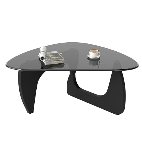 Modern Glass Coffee Table, Triangle Center Table with Tempered Glass Top& Unique Wooden Base, 35.5” Mid Century Tea Tables for Living Room, Apartment, Office,Black & Grey - color: Black & Grey, size: Medium 35.5*25.5*15.7in