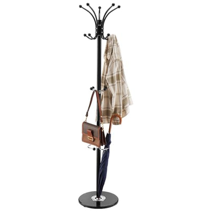 VEVOR Freestanding Coat Rack, Metal Coats Rack Stand with Umbrella Holder, Stable Marble Base & 14 Hooks, Hall Coat Tree for Entryway, Bedroom, Living Room, Stylish Coats Hanger for Hats, Scarves, Bag - style: with Umbrella Holder