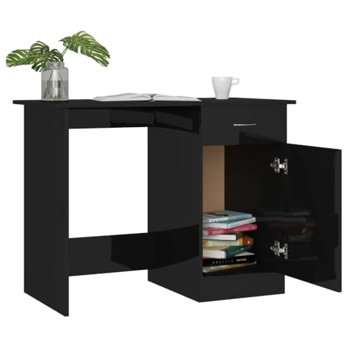 Writing Desk High Gloss Black 39.4 Inch Modern Computer Desk with Drawer, Engineered Wood Study Table for Home Office, Bedroom and Small Space, 39.4x19.7x29.9 in - color: Black, size: 39.4 x 19.7 x 29.9 in