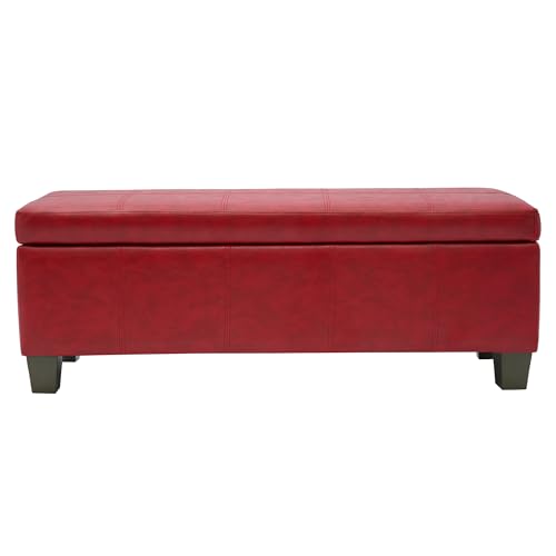 51 Inch Storage Ottoman, Storage Bench with Safety Hinge, Upholstered Synthetic Leather Ottoman Bench for Bedroom, Living Room, Entryway, Hallway, Foot Rest, Support 500lbs - color: Red, size: 51 inch