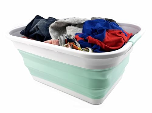 SAMMART 41L (10.8 gallons) Collapsible Plastic Laundry Washing Tub/Basket-Foldable Pop Up Storage Container/Organizer-Portable Laundry Hamper-Space Saving (1, White/Pale Jade) - color: White/Pale Jade
