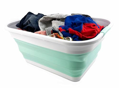 SAMMART 41L (10.8 gallons) Collapsible Plastic Laundry Washing Tub/Basket-Foldable Pop Up Storage Container/Organizer-Portable Laundry Hamper-Space Saving (1, White/Pale Jade) - color: White/Pale Jade