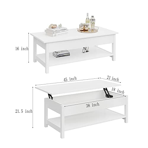 Panana Lift Top Coffee Table with Hidden Compartment and Open Shelf, Lift Tabletop Pop-Up Coffee Table for Living Room, 45.28" L, White - color: White