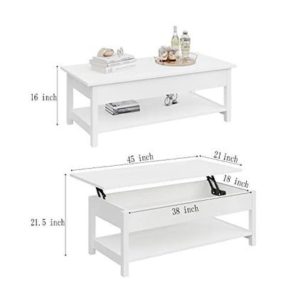 Panana Lift Top Coffee Table with Hidden Compartment and Open Shelf, Lift Tabletop Pop-Up Coffee Table for Living Room, 45.28" L, White - color: White