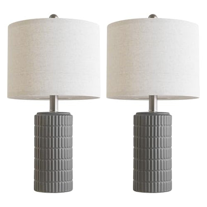 PoKat 20.75'' Ceramic Small Table Lamps for Bedroom, Modern Dark Gray Bedside Lamps Set of 2, Farmhouse Lamps for Living Room with Linen Lampshade for Night Stands Guest Room Side End Table Console - color: Dark Grey