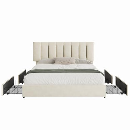 VECELO King Size Bed Frame with 4 Storage Drawers, Adjustable Height Headboard, Heavy-Duty Bedframe with Strong Wooden Slats, No Box Spring Needed, Pale Beige - color: Pale Beige, size: King, style: Bed Frame With Drawers
