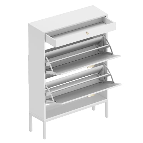 Shoe Cabinet, Shoe Storage Organizer Cabinet with 2 Flip Wavy Line Drawers, Freestanding Shoe Rack with Adjustable Shelf for Entryway (White) - color: Wavy Line-white