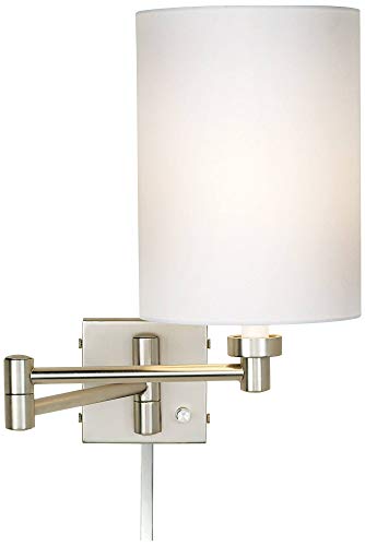 White Drum Brushed Nickel Swing Arm with Cord Cover Wall Lamp Light Fixture | Modern Plug-In Cotton Cylinder Shade for Bedroom Bedside House Reading Living Room Home Hallway Dining