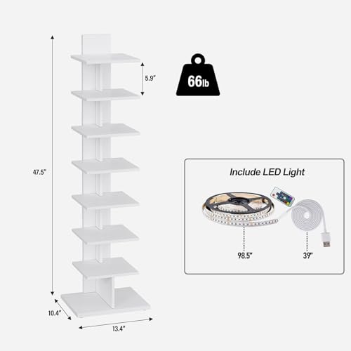 TUTOTAK Book Shelf, Narrow Spine Bookshelf, 8-Tier Bookcase with LED Lights | 10.4 x 13.4 x 47.5 Inches Vertical Freestanding Corner Shelf for Living Room, Office, Small Space, White BS06BW008L - color: White（led Ligths）
