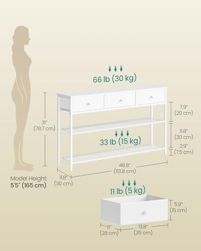 SONGMICS Console Table, Narrow Sofa Table with 2 Mesh Shelves | For Entryway, Living Room, 3 Fabric Drawers, Cloud White, BELLAH Collection ULGS014W101 - color: Cloud White, size: 11.8"D x 44.8"W x 31"H (3 Drawers)