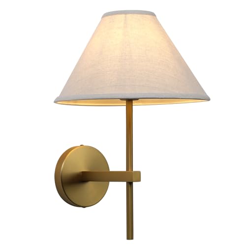 Modern Linen Wall Sconce Hardwired | Farmhouse Rustic Wall Vanity Light with Cone Linen Fabric, Home Decor Wall Lamp for Bedroom Living Room Hallway Entryway - color: Antique Brass
