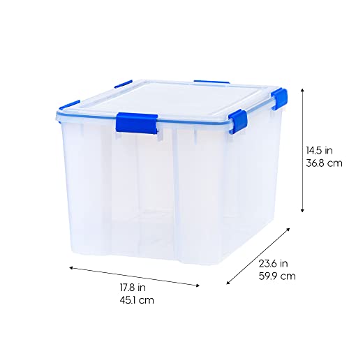 IRIS USA 3-Pack 74 Qt Storage Bins with Gasket Lids, Clear/Blue | WeatherPro seal helps protect bulky items for moving, garage, attic and basement storage - size: 74 Qt. - 3 Pack