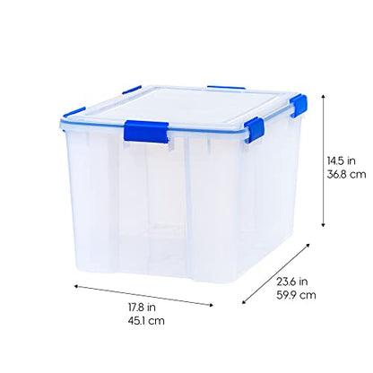 IRIS USA 3-Pack 74 Qt Storage Bins with Gasket Lids, Clear/Blue | WeatherPro seal helps protect bulky items for moving, garage, attic and basement storage - size: 74 Qt. - 3 Pack