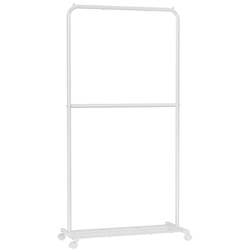 SONGMICS Clothes Rack with Wheels, Double-Rod Clothing Rack for Hanging Clothes, 25.4mm Metal Garment Rack with Dense Mesh Storage Shelf, 110 lb Load Capacity, 2 Brakes, White UHSR027W01 - color: White, style: Middle Rod