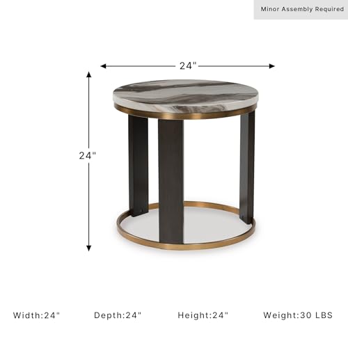 Signature Design by Ashley Jazmore End Table, 24 Inch Round Faux Marble Accent Side Table with Antiqued Brass Finished Metal Frame and Replicated Walnut Wood Legs, White & Black - color: Brown/Brass Finish