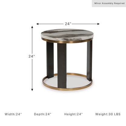 Signature Design by Ashley Jazmore End Table, 24 Inch Round Faux Marble Accent Side Table with Antiqued Brass Finished Metal Frame and Replicated Walnut Wood Legs, White & Black - color: Brown/Brass Finish