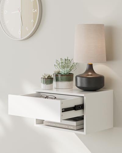 Modern White Floating Nightstand with Drawer, Small Wall Mount Shelves | Small Space Saver, Modern Minimalist Design, Wall Mounted Shelves, for Bedroom, Bathroom, Living room, Easy Assembly, White - color: White