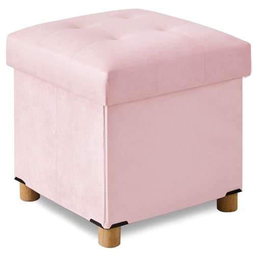 BRIAN & DANY 15" Small Ottoman with Storage Cube, Square Storage Ottoman Foot Stool with Wood Legs, Velvet Ottomans for Living Room, Bedroom, Dorm, Pink - color: Pink, size: 15"D x 15"W x 15.8"H