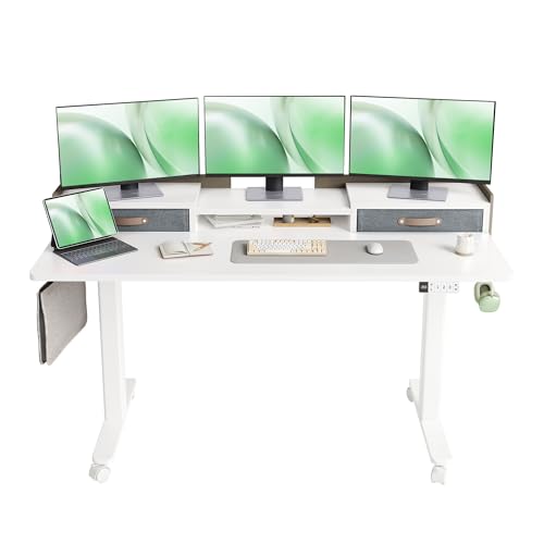 Claiks Standing Desk with Drawers & Wheels, 2 Height Shelf 59inch White | 2 height adjust shelf, tabletop drawers, felt fence design, sturdy supports 176 lbs, 4 wheels, 2 tire monitor stand - color: White, size: 59×23.6