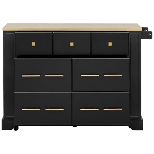 Charging Kitchen Island with 6 Drawers & Drop Leaf, Mobile Cabinet w/Trash Bin Compartment (Not Included), Rustic Wood Cart for Small Spaces (Black/D6) - color: Black/D6)