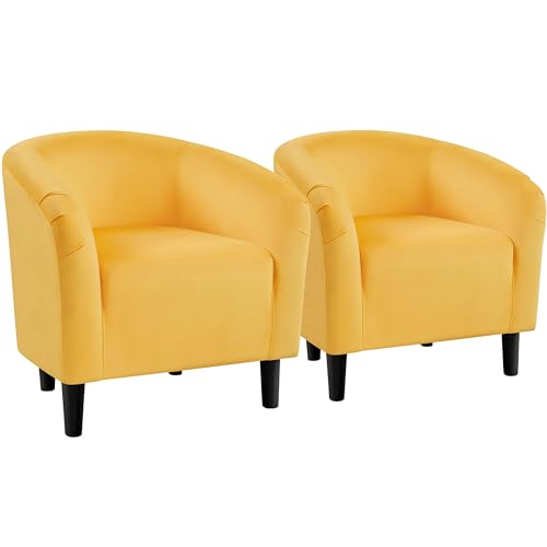 Yaheetech Compact Velvet Accent Chairs Set of 2 for Bedroom, Yellow | Compact Cozy Barrel Chairs with a Curved Silhouette, Upholstered Furry Armchair for Small Spaces, Living Room Bedroom Corner - color: Yellow (Velvet), style: without Ottoman
