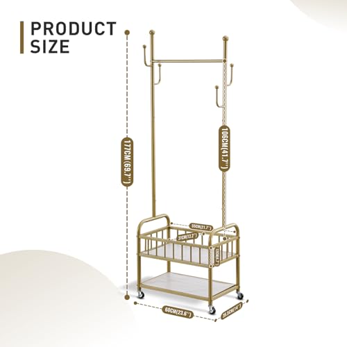 Free Standing Rolling Clothes Rack with Wheel Shoe Storage - Golden | Small Narrow Cloth Hanger Garment Rack for Bedroom Livingroom Lab Dress Shirt Rack with Metal Basket and Shoe Storage Shelves - color: Gold-2 Tier