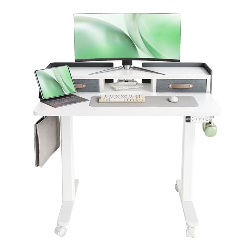 Claiks Standing Desk with Drawers, Adjustable Stand Up Electric Small Standing Desk Adjustable Height with Storage Shelf and Splice Board, 40 Inch, White - color: White, size: 39.4×23.6