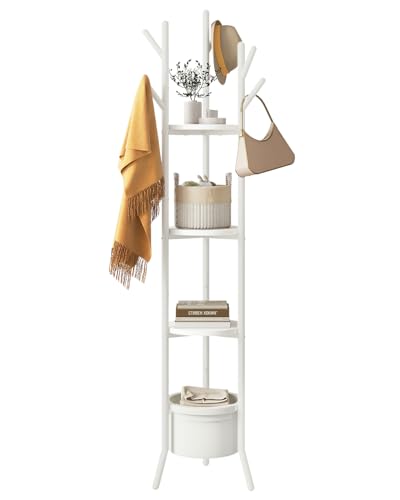 YMYNY Coat Rack, Freestanding Coat Stand with Storage Shelves, Hall Trees with 3 Wooden Shelves and 1 Fabric Basket, Metal Clothes Stand for Hats Bags Hallway Bedroom White UHGR005W - color: White