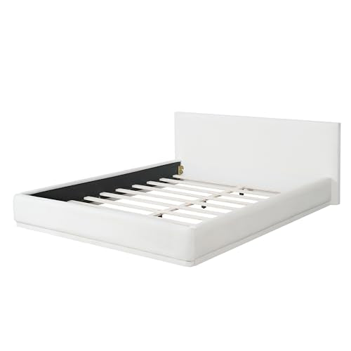 Merax Modern Queen Upholstered Bed Frame with Wingback, Soft Velvet Low Platform Bed, No Box Spring Needed, Easy Assemble, White - color: White, size: Queen