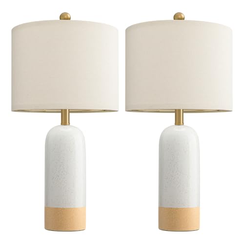 PoKat 24'' White Ceramic Table Lamps Set of 2, Farmhouse for Living Room | Modern Bedside Lamps for Bedroom, Two-Tones Design, Earthy Yellow Base, Splatter Pattern, Boho Lamps for Nightstand, Entryway - color: White & Earthy Yellow
