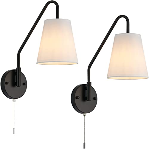 PASSICA DECOR Hardwired Wall Sconces Set of Two 2 Pack with Pull Chain ON Off Matte Black Swing Arm Lighting Modern Vintage Lamp Industrial White Fabric Wall Light for Bedroom Farmhouse Living Room - color: Black,White