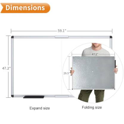 VIZ-PRO Large Magnetic Dry Erase Whiteboard, 60 x 48 Inches, Foldable | Silver Aluminum Frame, 5' x 4' Wall-Mounted Board with Marker Tray for School Office and Home - size: 60 X 48 Inches