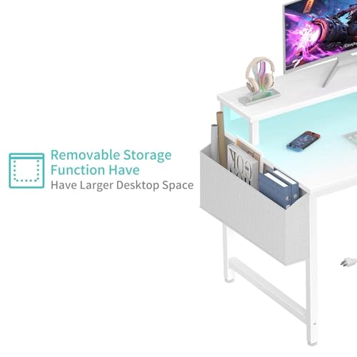Lufeiya Small White Desk with LED Lights and Power Outlets, 32 Inch Home Office Computer Desks with Monitor Stand, Teen Writing Study Table Gaming Desk with Charging Station, White - color: White, size: 31.5"
