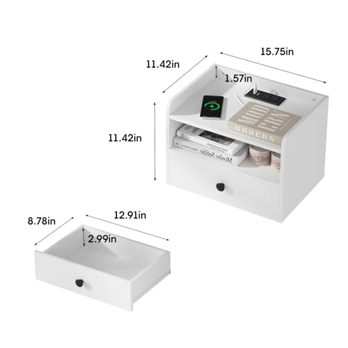 Floating Nightstand Set of 2 Modern Night Stands with Drawer and Open Shelf | Cubby Small Bedside End Table with Charging Station Wall Mounted Nightstands Set 2 for Bedroom White - color: White