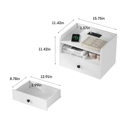 Floating Nightstand Set of 2 Modern Night Stands with Drawer and Open Shelf | Cubby Small Bedside End Table with Charging Station Wall Mounted Nightstands Set 2 for Bedroom White - color: White